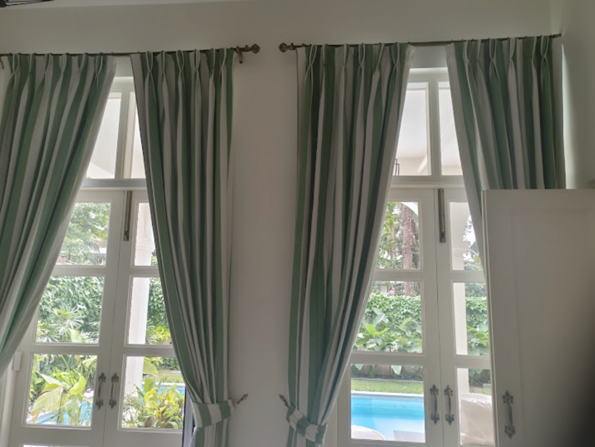 Green & White Striped Pinch Pleat Curtains