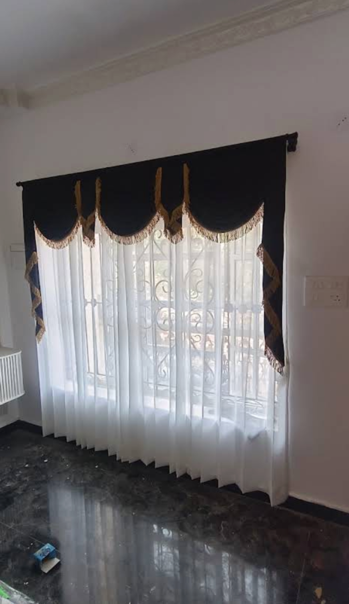 Royal Black Valance over Sheer Curtains